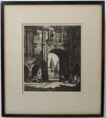 A framed and glazed monochrome etching by Sidney Tushingham, etching, sold Oct 2022