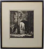 A framed and glazed monochrome etching by Sidney Tushingham, etching, sold Oct 2022
