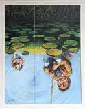 Water reflection of an angler and his by Norman Thelwell, watercolour, sold Aug 2022