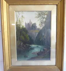 An angler in a river landscape beneath a castle on the hill, 'Hawthornden by Thomas Spinks, oil on canvas, sold Jul 2022