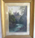 An angler in a river landscape beneath a castle on the hill, 'Hawthornden by Thomas Spinks, oil on canvas, sold Jul 2022