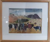 Cows and calves on a hilly landscape by Delphine de Cartellane, mixed media, sold Jul 2022