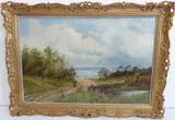 Coastal landscape with figures on the beach, a port beyond by James Sinclair, 14th Earl of Caithness, oil on canvas, sold Jun 2022