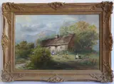 Figures before a thatched cottage in a hilly landscape by Walter Reeves, oil on canvas, sold Jun 2022