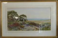 An extensive coastal landscape with sheep grazing on the road to Moelfre near Llanbedr, Anglesey by William Matthison, watercolour, offered Jun 2022