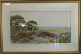 An extensive coastal landscape with sheep grazing on the road to Moelfre near Llanbedr, Anglesey by William Matthison, watercolour, offered Jun 2022
