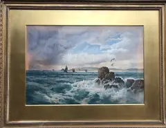 Herring boats in an extensive seascape, a headland beyond by Arthur Suker, watercolour, sold Jun 2022