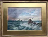 Herring boats in an extensive seascape, a headland beyond by Arthur Suker, watercolour, sold Jun 2022