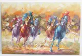 (contemporary) - a vibrant and brightly coloured oil on canvas study of racehorses, by Margaret Jackson, oil on canvas, sold Apr 2022