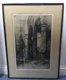 a large ebonised framed and glazed monochrome engraving 'Loggia Dei Lanzi, Florence by Hedley Fitton, engraving, sold Apr 2022