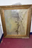 a winter landscape with a figure in a small boat on a by Jean Hill, oil on canvas, offered Aug 2020