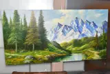 A landscape with stream to the foreground snow covered by Andrew Grant Kurtis, oil on canvas, sold Aug 2020
