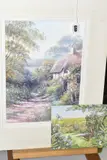 a white thatched cottage beside a rural lane with wild flowers, by Hilary Scoffield, watercolour on paper, offered Aug 2020