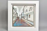 Townhouses in a market town by Camilla Dowse, acrylic on board, sold Aug 2020