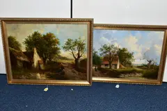 a cottage set within a rural landscape with a female figure by Joseph Thors, oil on canvas, sold Aug 2020