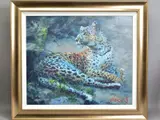 Leopard reclining at dusk by Rolf Harris, print, sold Aug 2020