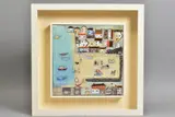 SEASIDE FUN' figures on a beach with boats and cottages by Louise Rawlings, acrylic on canvas, sold Aug 2020