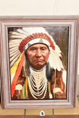 a portrait of Chief Joseph of The Nez Perce native American Tribe, by John Berry, 1999, oil on board, sold Aug 2020