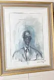 an oil on canvas painting in the style of Alberto Giacometti, depicting an elderly gentleman in suit and tie by John Anderson, oil on canvas, sold Aug 2020