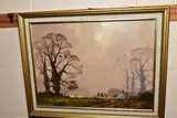 a British landscape with figures and horse, signed bottom left, oil by Peter Cosslett, oil on board, sold Aug 2020
