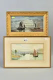 fishing boats near harbour, church on hillside to distance, by George Oyston, 1916, watercolour, sold Aug 2020