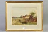figure crossing the river with hamlet beyond, watercolour, by Leopold Rivers, watercolour, sold Aug 2020