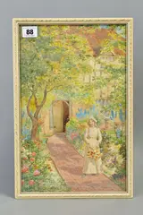 lady in a cottage garden, holding a bunch of flowers by Joseph Kirkpatrick, watercolour, sold Aug 2020