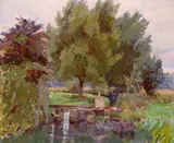 A river landscape, possibly the River Ebble Oil on canvasboard 50 x 60cm by Henry Lamb, Oil on canvasboard, sold Jun 2019