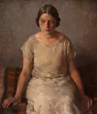 Portrait of a lady, seated, wearing white Signed verso Oil on canvas 61 x 51cm by Phyllis Dodd, Oil on canvas, sold Jun 2019