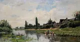 River landscape with washerwomen by a villageSignedOil on by Adrien Jacques Sauzay, Oil on panel, sold Jun 2019