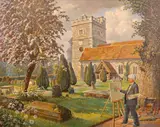 Sir Stanley Spencer RA painting n the Churchyard at Cookham Signed Oil on canvas 71 x 90cm by Philip Collingwood Priestley, Oil on canvas, offered Jun 2019