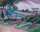 Duton Hill by Lucien Pissarro, 1910, Oil on canvasboard, offered Jun 2019