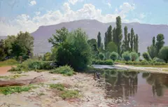 Washer-women in a mountainous river landscapeSignedOil on by Albert Rigolot, Oil on canvas, sold Jun 2019