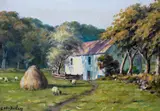 Sheep by a country cottage with a haystackSignedOil on by Charles McAuley, Oil on canvas, sold Jun 2019