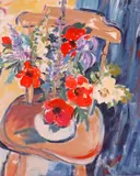 Kitchen chair with summer flowersSignedOil by Caroline Leburn, Oil on canvas board, sold Jun 2019