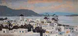 Mykonos, Greece Signed, titled verso Oil on board 20 x 40cm by Hugh Boycott-Brown, Oil on board, sold Jun 2019