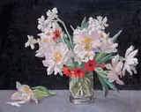 Still life of tulips and narcissi in a glass vaseSigned versoOil on by Katharine Frances Clausen, Oil on canvas, offered Jun 2019
