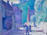 Figures in a village streetInscribed verso in by Alfred Wolmark, Oil on canvas laid on board, sold Jun 2019