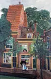 Street scene with children holding an umbrella and a man fishing by Karl Walser, Oil on panel, sold Jun 2019