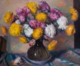 Chrysanthemums in a glass vaseSigned by James Stroudley, Oil on board, sold Jun 2019