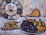 Still life of grapes, pears and bananas on a table Signed and dated ~53 Oil on board 33 x 40cm Provenance: Christie~s London 6th December 1990 lot 213 by Julian Trevelyan, Oil on board, sold Jun 2019