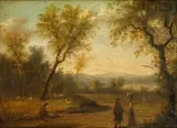 Shepherds and a dog grazing  their flock in a landscape; and Drovers before a wooded landscape grazing their flock by French School, a pair, oil on panel, sold Nov 2014