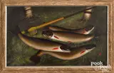 of a fly fishing rod and four trout by Ella M. Barbour, oil on canvas, sold Apr 2022