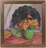 STILL-LIFE OF NASTURTIUMS IN A GREEN VASE by Catharine Carter Critcher, oil on canvas, sold Apr 2023
