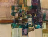 MID-CENTURY MODERN ABSTRACT PAINTING by William Fletcher Jones, oil on canvas, sold Apr 2023