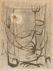 PREDATOR AND PREY MID-CENTURY ABSTRACT by John Nartker, mixed media on paper, sold Apr 2023