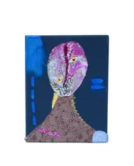 Description by Amira Brown, Paint, embroidery, and acrylic on a T-shirt on a canvas frame, sold Mar 2021
