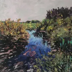 Blue and Rose Stream by Rebecca Perehudoff, 2018, Acrylic on canvas, sold Mar 2021