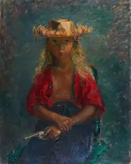Chayenne with Gun by Clara Klinghoffer, oil on canvas, sold Mar 2021