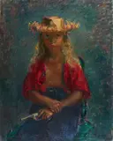 Chayenne with Gun by Clara Klinghoffer, oil on canvas, sold Mar 2021